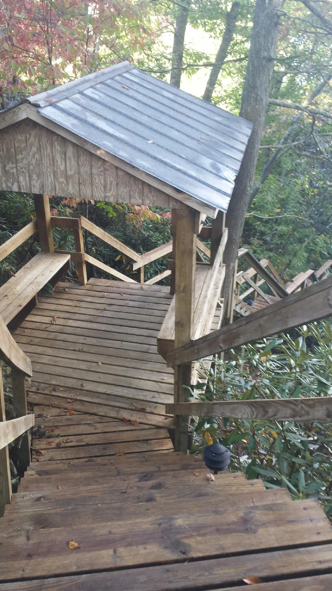 Metal roofed shelter over wooden steps on a wooded walkway — Skylight Repair & Installation work by our crew in Kelford
